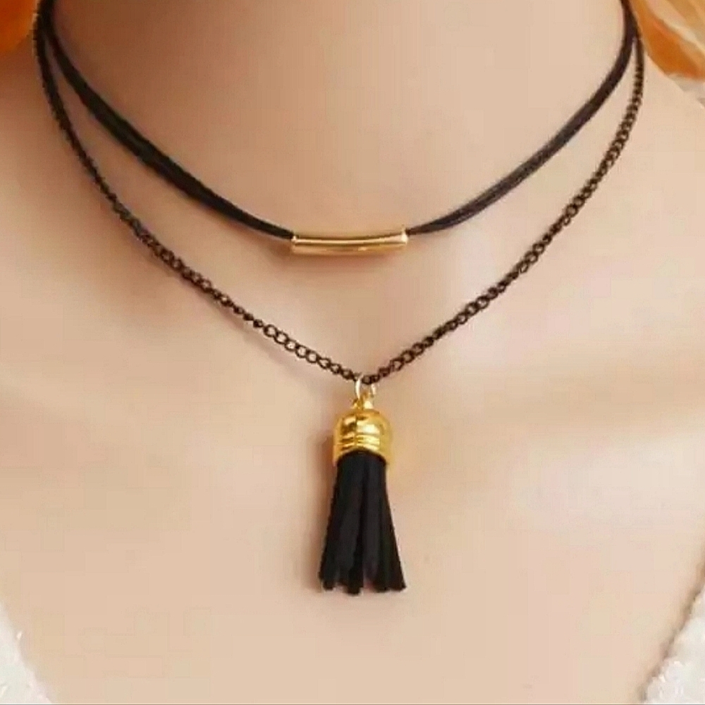 Layered choker necklace - black & gold